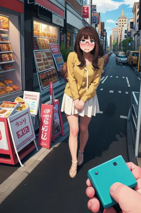 masterpiece, best quality, ultra-detailed, illustration,
remote controller, remote control, 1girl, glasses, solo, brown hair, long hair, embarrassed,  wavy mouth, 
holding, pov,  street, road, city,
<lora:remocon_1_MID5_ResizeDIM32:1>