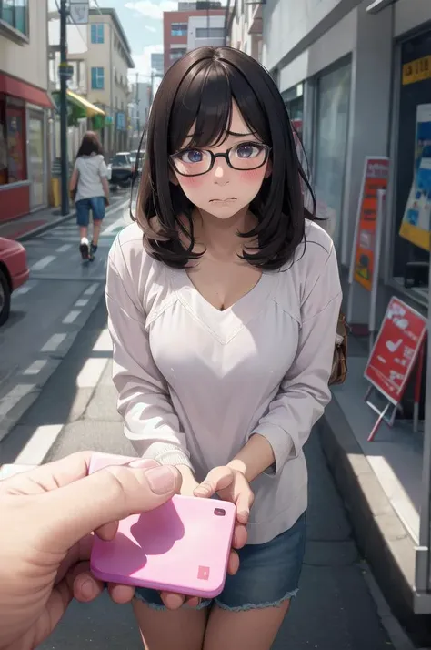 masterpiece, best quality, ultra-detailed, illustration,
remote controller, remote control, 1girl, glasses, wavy mouth, embarrassed, panic, 
road, street,  outdoors, holding, pov, 
 <lora:remocon_1_MID5_ResizeDIM32:1>