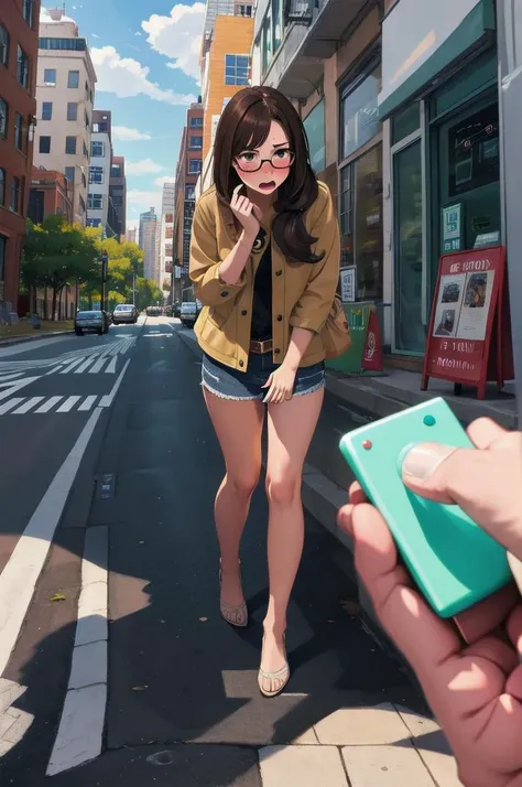 masterpiece, best quality, ultra-detailed, illustration,
remote controller, remote control, 1girl, glasses, solo, brown hair, long hair, embarrassed,  wavy mouth, 
holding, pov,  street, road, city,
<lora:remocon_1_MID5_ResizeDIM32:1>