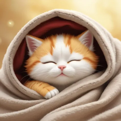 cute kitten wearing pajamas eyes closed sleeping hood up head buried in blanket <lora:Style_soph-IllustriousStorybook-SDXL:0.8> c0l0r, digital storybook illustration, textured brushwork, sharp focus, low detail, blurry foreground, 8k resolution,
