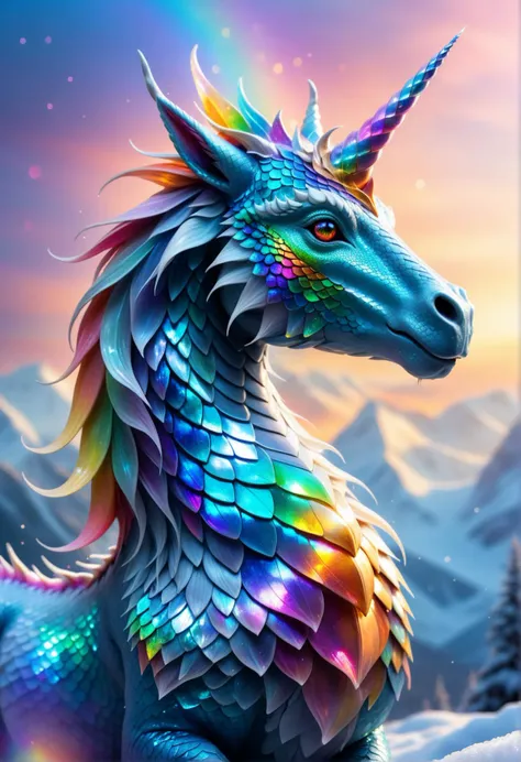 ethereal fantasy concept art of  rainbow aura, vibrant colors, [iridescent unicorn made of frost glacial aura] dragon scales, hybrid animal, bokeh, high detail, 8k resolution . magnificent, celestial, ethereal, painterly, epic, majestic, magical, fantasy art, cover art, dreamy