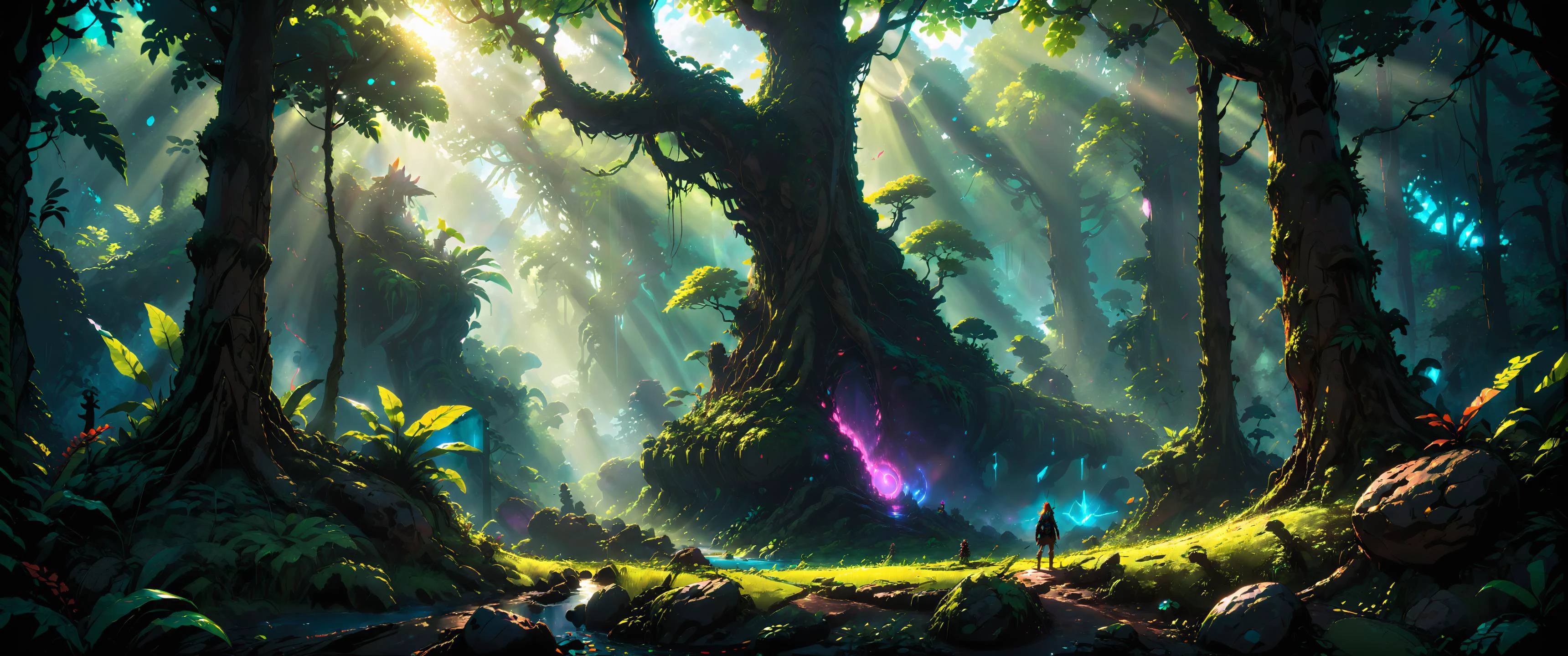 landscape photo concept art
rainforest jungle
anime illustration 2d genshin honkai ghibli botw horizon zero dawn god of war assassins creed pokemon
hdr high contrast
cinematic lighting, dramatic, volumetric lighting, 8k 4k uhd, hires, masterpiece, high quality, high res
colorful whimsical magical fantasy
<lora:RMSDXL_Darkness_Cinema:1.0> <lora:zavy-cntrst-sdxl:1.0> dark, chiaroscuro, low-key