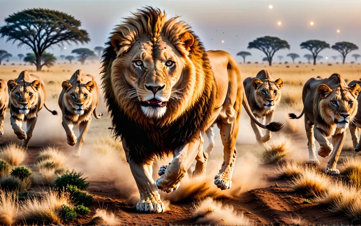 close-up dynamic action photo of massive male lion running through the plains of Africa, chasing a frightened gazelle
award-winning national geographic masterpiece high quality
8k uhd high detail hdr godrays global illuminations (reflections fog mist:0.6) dslr nikon 105mm particles bloom