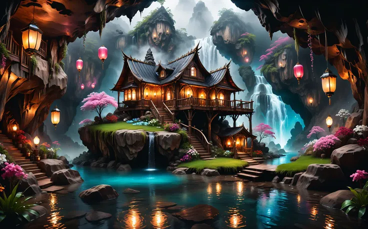 photograph style, vibrant natural colors, view from below, mythical wonderland oasis with waterfalls pouring from rocks, dark atmosphere, flower trees, lanterns, crystal clear water, (cozy small fantasy wooden house in center), chimey with smoke, otherworldly tall grass, 8K, best quality, full sharp, highly detailed, extreme quality
(inside small dark cave, foggy, misty:1.4)