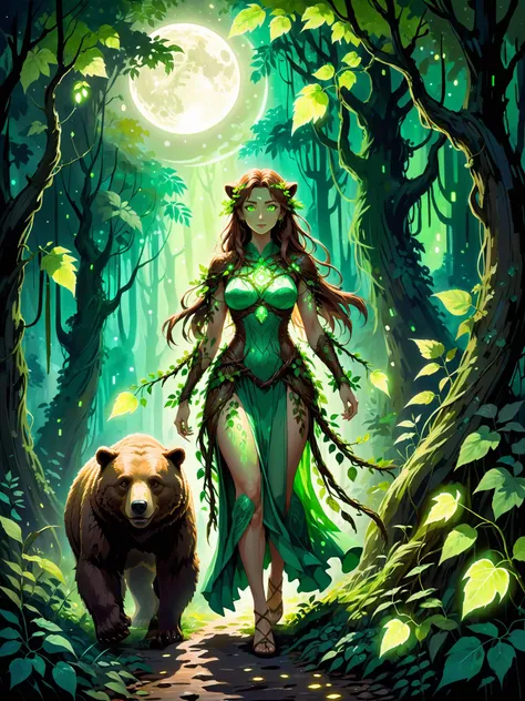 female druid, dress made from vines and leaves, green glowing eyes, walking alongside a brown bear familiar, old overgrown jungle forest, moon light, night, magic light particles
oil painting, impressionist, hentai, anime, Ghibli, coherent style, watercolor
ImgFixerPre0.3 SimplePositiveXLv2