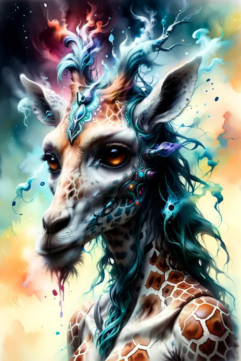 tattoo concept art, cybernetic giraffe head, symmetrical psychedelic watercolor, tribal art, tribal tattoo, giraffe deity, giraffe god, giraffe goddess, shaman, druid, ethereal ghost spirit
oil painting, impressionist, hentai, anime, Ghibli, coherent style, watercolor
award-winning masterpiece hires perfect beautiful picturesque pristine scenic cinematic art deviantart artstation trending hot popular
<lora:ral-dissolve:0.6> ral-dissolve <lora:SDXLGhostStyle:0.6> GhostlyStyle