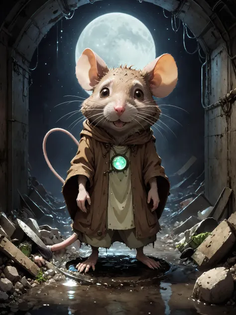 anthropomorphic humanoid brown rat druid in sewer, dirty grungy garbage
moon light, night, magic light particles
anime, Ghibli, coherent style,