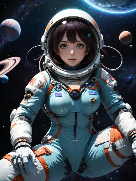 woman in spacesuit, floating in space
3d modern anime style, detailed background