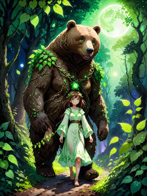 female druid, dress made from vines and leaves, green eyes, walking alongside a brown bear familiar, old overgrown jungle forest, moon light, night, magic light particles
oil painting, impressionist, hentai, anime, Ghibli, coherent style, watercolor