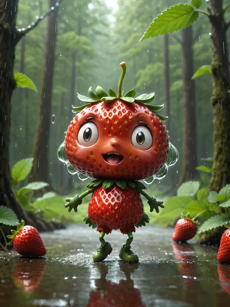 (anthropomorphic humanoid strawberry:1.4) (dancing:1.2) in a forest, raining, dynamic action photo
character concept art, anime, studio ghibli, illustration, 2d, masterpiece, high quality, 8k uhd hd 4k, trending, popular, detailed background, shallow depth of field, reflections