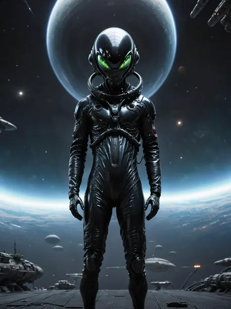 portrait of an alien, wearing a high-tech black pressure suit, alien ship background