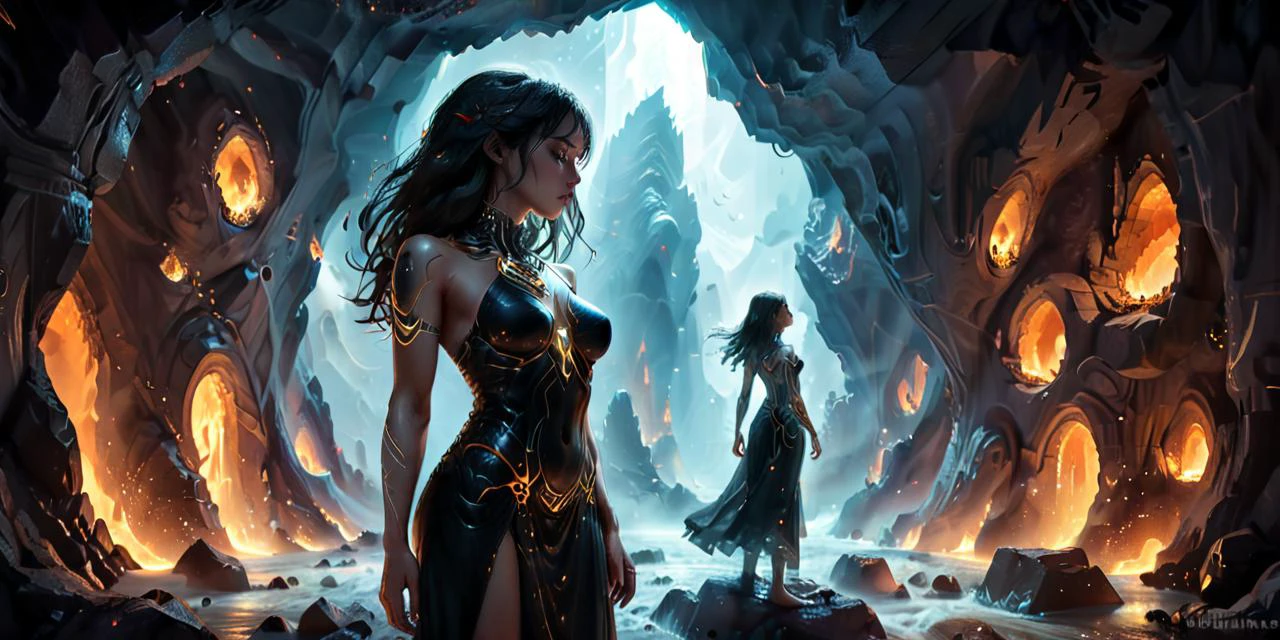 Deep within a cavern carved by ancient rivers, a woman with skin like polished obsidian stands before a towering wall of gemstone. Her touch awakens the slumbering stones, their colors swirling and morphing as she whispers forgotten languages. Hieroglyphs etched into her bare arms resonate with the cavern's energy, and around her dance wisps of glowing glow luminescent dust. Imagine the scene in the style of Escher or H.R. Giger, with a focus on the geometric beauty of the cavern and the woman's otherworldly connection to the stones. <lora:xl_more_art-full_v1:0.6>, <lora:add-detail-xl:1.0>, <lora:glowneon_xl_v1:1.0>