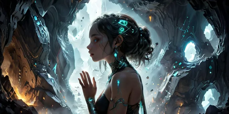 Deep within a cavern carved by ancient rivers, a woman with skin like polished obsidian stands before a towering wall of gemstone. Her touch awakens the slumbering stones, their colors swirling and morphing as she whispers forgotten languages. Hieroglyphs etched into her bare arms resonate with the cavern's energy, and around her dance wisps of glowing glow luminescent dust. Imagine the scene in the style of Escher or H.R. Giger, with a focus on the geometric beauty of the cavern and the woman's otherworldly connection to the stones. <lora:xl_more_art-full_v1:0.6>, <lora:add-detail-xl:1.0>, <lora:glowneon_xl_v1:1.0>