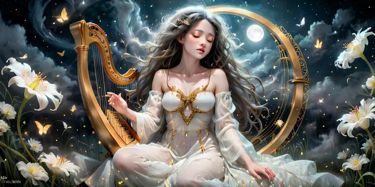 In a moonlit meadow bathed in mist, a woman with hair like spun moonlight sits amidst blooming spider lilies. Her fingers dance across a shimmering harp, weaving melodies that shimmer and swirl, painting dreamscapes across the night sky. Each note transforms into luminescent butterflies, flitting amongst the flowers and carrying dreams to sleeping minds. Imagine the scene in the style of Gustav Klimt or Yoshitaka Amano, with a focus on the woman's ethereal beauty and the dreamlike quality of the scene. Remember, the key is the woman's power to manipulate dreams and the magical connection between her music and the sleeping world. magical glow
<lora:xl_more_art-full_v1:0.6>, <lora:add-detail-xl:1.0>, <lora:glowneon_xl_v1:1.0>