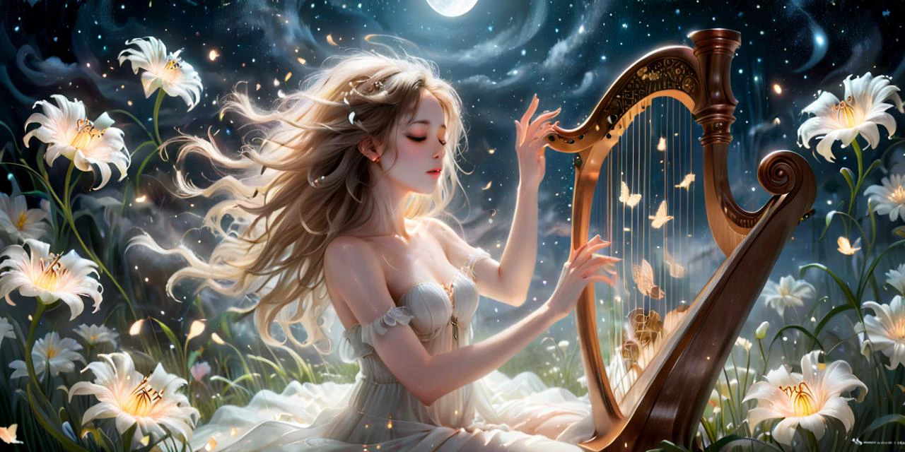 In a moonlit meadow bathed in mist, a woman with hair like spun moonlight sits amidst blooming spider lilies. Her fingers dance across a shimmering harp, weaving melodies that shimmer and swirl, painting dreamscapes across the night sky. Each note transforms into luminescent butterflies, flitting amongst the flowers and carrying dreams to sleeping minds. Imagine the scene in the style of Gustav Klimt or Yoshitaka Amano, with a focus on the woman's ethereal beauty and the dreamlike quality of the scene. Remember, the key is the woman's power to manipulate dreams and the magical connection between her music and the sleeping world. magical glow
<lora:xl_more_art-full_v1:0.6>, <lora:add-detail-xl:1.0>, <lora:glowneon_xl_v1:1.0>