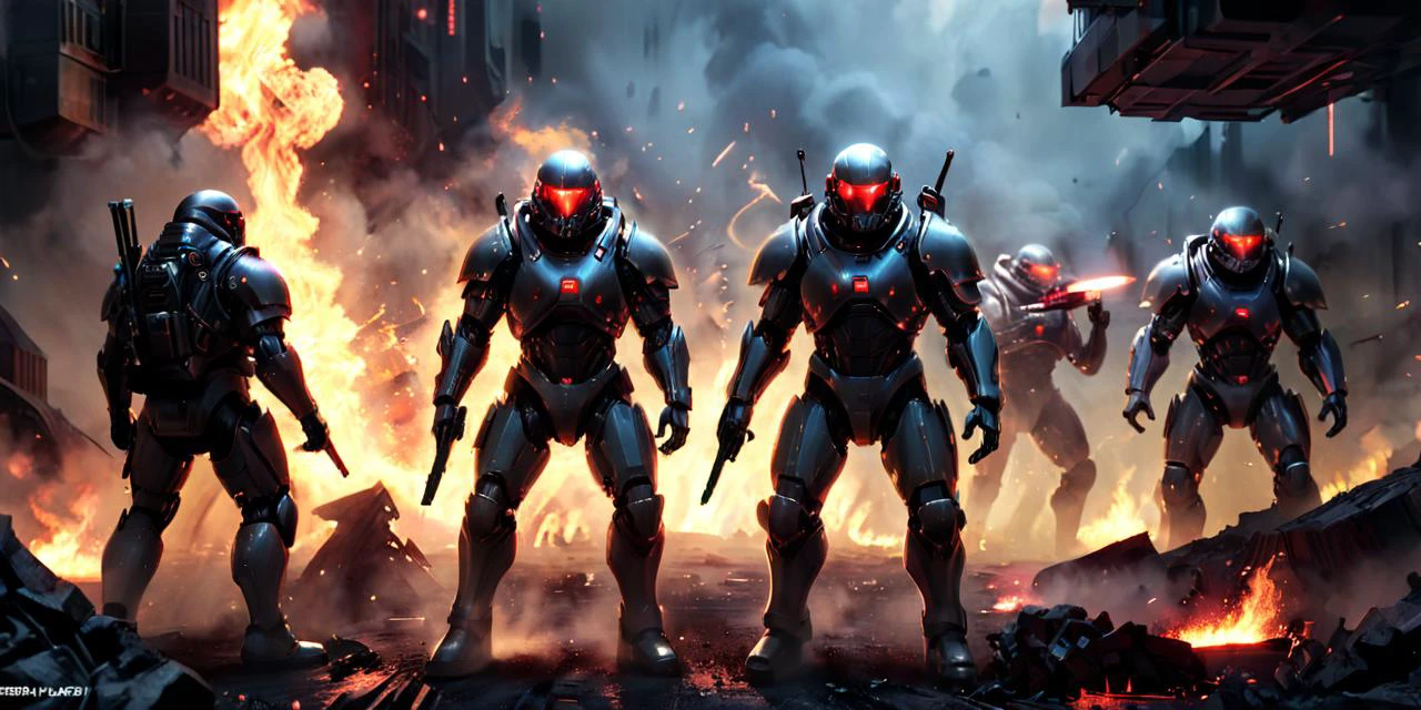 a dark night scene, treacherous army base, a squad of men in armorsuit and weapons, smoke, eerie glow. Tension, weapons primed for the ambush they know lurks within, Capture the intensity of the scene, the Helldivers' steel-eyed focus, and the oppressive beauty of the alien army base. blend sci-fi militarism with the vibrant danger of a hostile world. Remember, focus on tactical prowess, the lurking menace of the 
 , multiple enemy robots, breathtaking yet deadly environment. red laser fire
 <lora:xl_more_art-full_v1:0.6>, <lora:add-detail-xl:1.0>, <lora:glowneon_xl_v1:1.0>