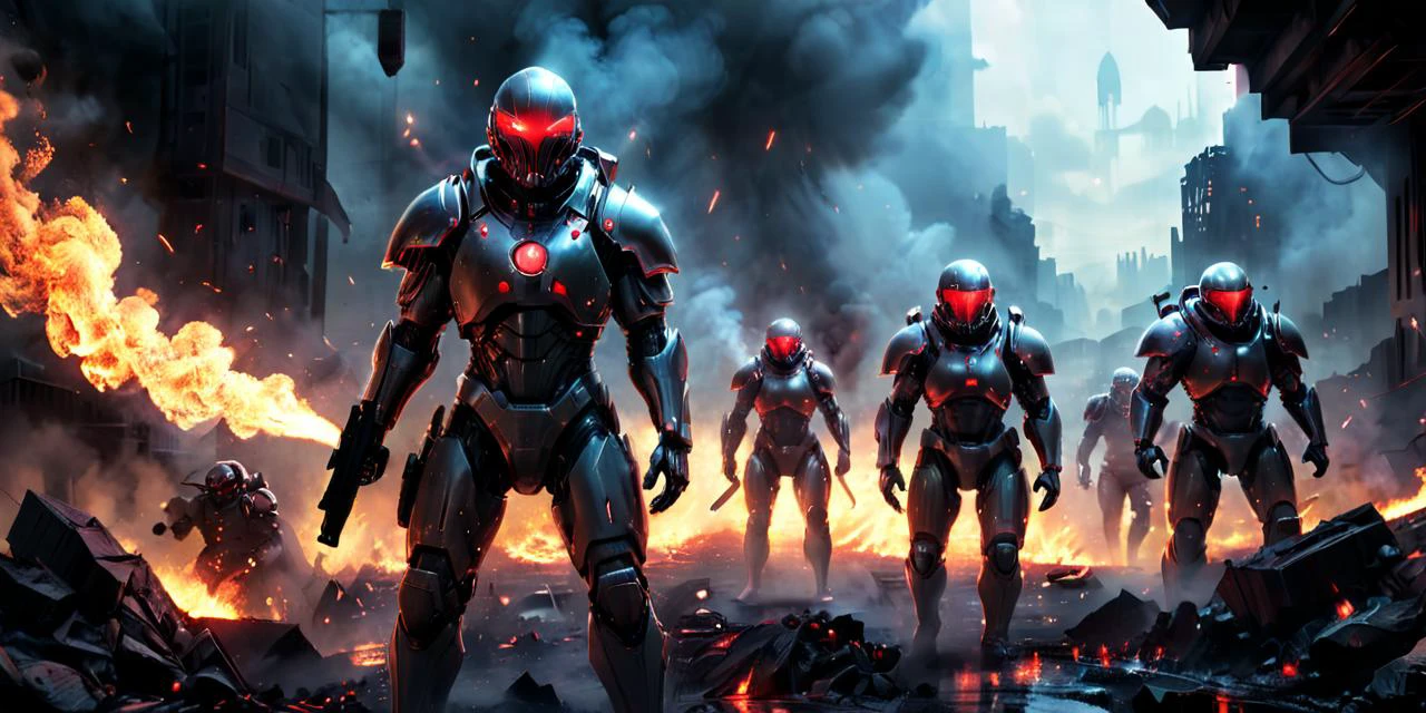 a dark night scene, treacherous army base, a squad of men in armorsuit and weapons, smoke, eerie glow. Tension, weapons primed for the ambush they know lurks within, Capture the intensity of the scene, the Helldivers' steel-eyed focus, and the oppressive beauty of the alien army base. blend sci-fi militarism with the vibrant danger of a hostile world. Remember, focus on tactical prowess, the lurking menace of the
, multiple enemy robots, breathtaking yet deadly environment. red laser fire
<lora:xl_more_art-full_v1:0.6>, <lora:add-detail-xl:1.0>, <lora:glowneon_xl_v1:1.0>