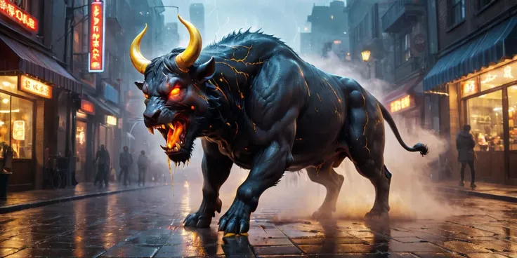 A photorealistic image of a furious bull, with a bulls head, tigers body and claws, snorting and pawing the ground, golden horns, charging through a misty city street paved with slick, cobblestone streets at night. The bull has glowing yellow eyes, dripping saliva, and rain droplets flying from its fur. People flee in terror as the bull's form is illuminated by flickering streetlights and neon signs, casting rich, contrasting colors on the scene. The light mist hangs low, swirling around the bull's legs and obscuring some distant buildings, but allowing the neon lights and shop windows to illuminate the scene with vibrant hues. The fear is palpable in the onlookers' eyes. blue lightning sparks, red horns black DEVIL SPAWN <lora:JuggerCineXL2:1.0>, <lora:glowneon_xl_v1:0.5>, <lora:add-details-xl:0.5>
<lora:xl_more_art-full_v1:0.6>, <lora:add-detail-xl:1.0>, <lora:glowneon_xl_v1:1.0>