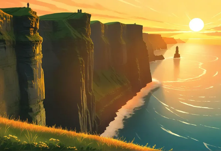 <lora:Style_soph-IllustriousStorybook-SDXL:0.8> digital storybook illustration, textured brushwork, cliffs of moher, c0l0r, low detail, 8k resolution sunset, golden hour