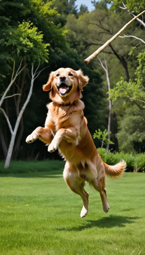 Golden retriever jumping to catch a stick