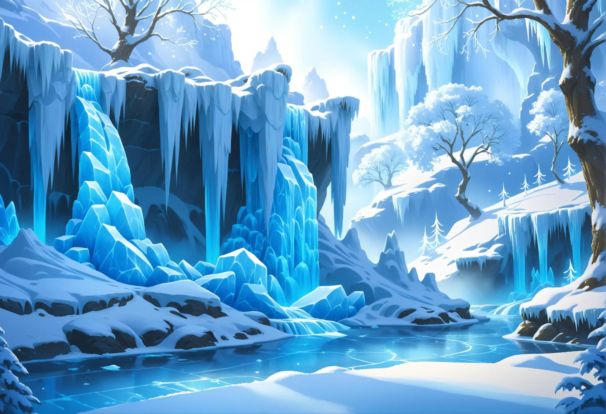 digital storybook illustration, textured brushwork, A winter wonderland with floating ice sculptures and frozen waterfalls, mystical, under the clear blue light of a winter noon c0l0r, sharp focus, low detail, blurry foreground, 8k resolution, <lora:Style_soph-IllustriousStorybook-SDXL:0.8>