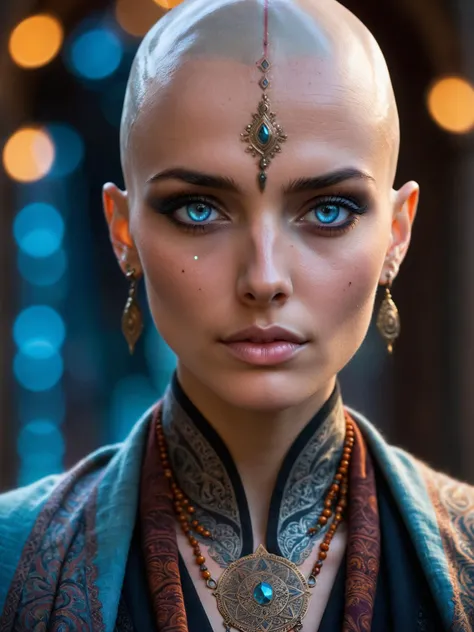 The concept in the image depicts a character adorned in detailed and ornate attire, with intricate patterns and designs on her cloak or shawl. He has a serene expression, with a focus on her piercing blue eyes. The background is filled with glowing lights, possibly representing bokeh effects, creating a mystical or magical ambiance. The overall theme suggests a fantasy or ethereal setting, possibly hinting at a character with significant importance or power within her world.
Compositionally, the character is positioned slightly to the left, creating a sense of balance and leading the viewer's eye towards her face and eyes. The glowing lights in the background serve as a contrasting backdrop, highlighting the character's detailed features and adding depth to the image. The bokeh effect from the lights gives a sense of depth and dimension, making the character stand out more prominently against the background.
The image has a high level of detail, with the character's features meticulously crafted, from her expressive eyes to the intricate patterns on her cloak. The color palette is rich, with a mix of warm and cool tones, creating a mystical and ethereal ambiance. The use of light, especially the glowing lights in the background, enhances the depth and dimension of the image, making the character stand out prominently.
The atmosphere behind the image is mystical and enchanting, created by the glowing lights in the background, which appear to be emanating from or reflecting off various surfaces. The serene expression on the character's face, coupled with the ethereal glow, evokes a sense of calm and tranquility. It gives a feeling of a fantasy or magical world, where the character may hold significant importance or power.
The color palette of the image is rich and diverse. It consists of cool tones like blues and grays, especially in the character's eyes and the background. There are also warm tones like reds and oranges, especially in the character's lips and the glowing lights in the background. These colors come together to create a harmonious and visually appealing image.
trans agender androgyunous, square jaw, high cheekbones, bald, monk, tattoos
(blemishes, acne, moles, pores, natural skin texture:0.4)