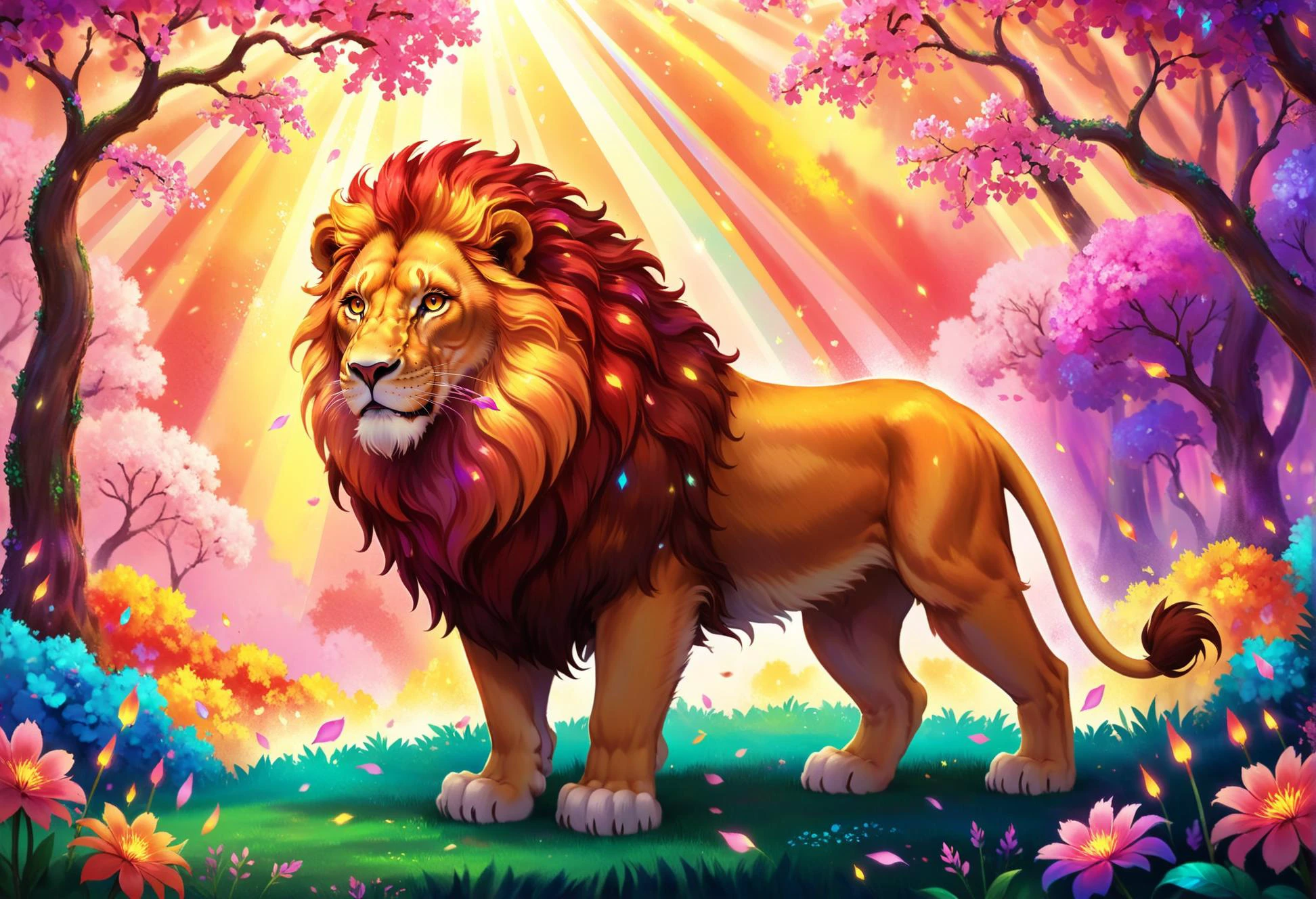 digital storybook illustration, textured brushwork, ancient, divine, lion, Amidst a realm of vibrant hues, a magical garden blossoms, its petals ablaze with radiant colors, Passing through prisms c0l0r, sharp focus, low detail, blurry foreground, 8k resolution, <lora:Style_soph-IllustriousStorybook-SDXL:0.8>