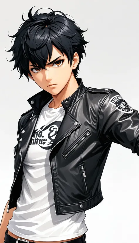 1boy, black hair, white background, short cut hair, leather jacket, tshirt, upper body, detailed shape, detailed line, art of fighting attitude, color manga style