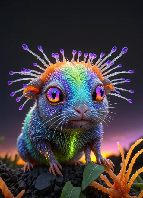 cute adorable alien insectoid-(Guinea pig:1.125)-creature with (Multi-Jointed Appendages:1.1) and a colorful (Sunrise Orange, Twilight Purple)-Straight Horns, transparent nodules, highly detailed alien wildlife photography, intricate biological detail <lora:TheWeirdies:0.82> TheWeirdies, animal focus, no humans <lora:MJ52:0.4> <lora:zavy-flrscnc-sdxl:0.68> zavy-flrscnc, fluorescent, fluorescent dust, fluorescent spraypaint, glowing dust