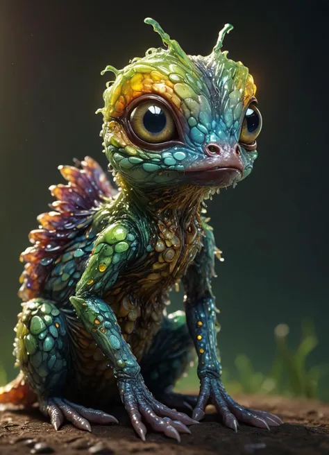 (centered)  Glistening-[(butterfly)|(Duck)|(Monitor lizard)] and ((Pathogen), organism that can cause disease:1.1) to create adorable (alien-like creature:1.1) with big glowing eyes, masterpiece, Surrealism, close-up, macro photo, f/1.2, backlighting, Kris Kuksi, multicolored hair big eyes,, subsurface scattering, ultra hd, 4k, high def, Photorealistic, Hyperrealistic, Hyper detailed, analog style, realistic, masterpiece, best quality, ultra realistic, 8k, Intricate, High Detail, film photography, soft lighting,  heavy shadow  <lora:sss:0.8> <lora:envyStarlight_v10:0.8> <lora:fx-monsters-XL:0.34>