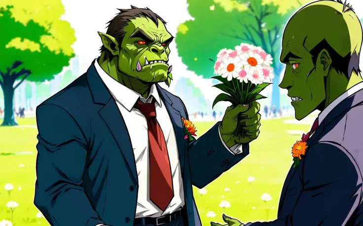 A massive, pacifist orc wearing a business suit, handing out flowers to strangers in a park.
(blemishes, acne, moles, pores, natural skin texture:0.4)
anime illustration