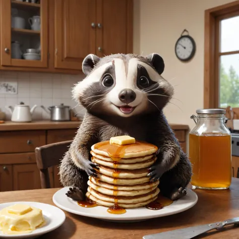 a cute anthropomorphic european badger sitting at a cartoonish kitchen table with a gigantic plate stack of pancakes and syrup and butter. cute, adorable.
(lets eat!:1.6)