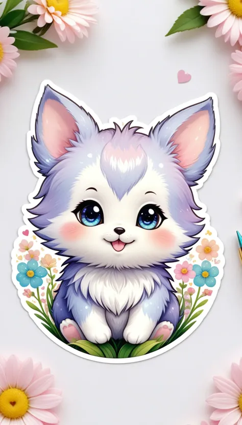 Sticker of a cute, round little animal with big, sparkling eyes and a gentle smile on its face. It has soft, pastel-colored fur. The small critter is surrounded by dainty, heart-shaped flowers in complementary pastel shades, adding to the sticker's overall charm.The white background provides the perfect canvas for this adorable creature, allowing its pastel features to pop and catch the eye. The sticker design exudes a warm and playful energy, making it an endearing addition to any item it adorns.