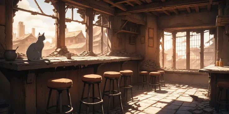 anime, studio anime studio ghibli, ((rustic tavern interior, stools, tables, destroyed high fantasy city in ruins)), 1cat:1.2 sleeping on window sill, warm colors, motes of dust, film grain, cel shading, (line art), atmospheric effects, best quality, high quality, high detail, 8k resolution
