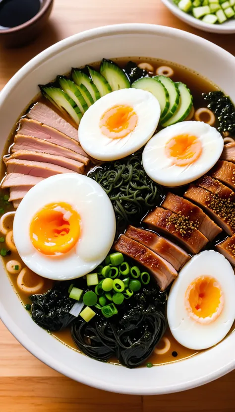 bowl of steaming hot ramen noodles, with a variety of toppings including sliced pork, boiled egg, green onions, and a sheet of nori (dried seaweed). The broth looks rich and flavorful, likely made from a combination of chicken, pork, and dashi.