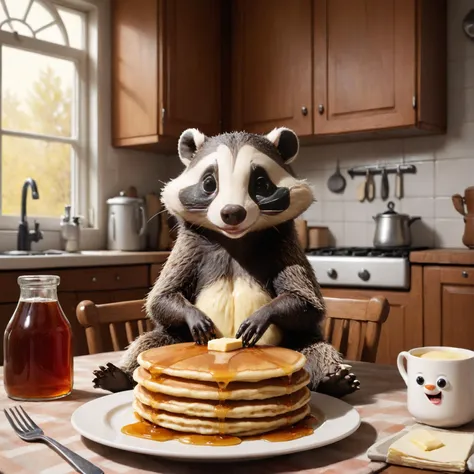 a cute anthropomorphic european badger sitting at a cartoonish kitchen table with a gigantic plate stack of pancakes and syrup and butter. cute, adorable.