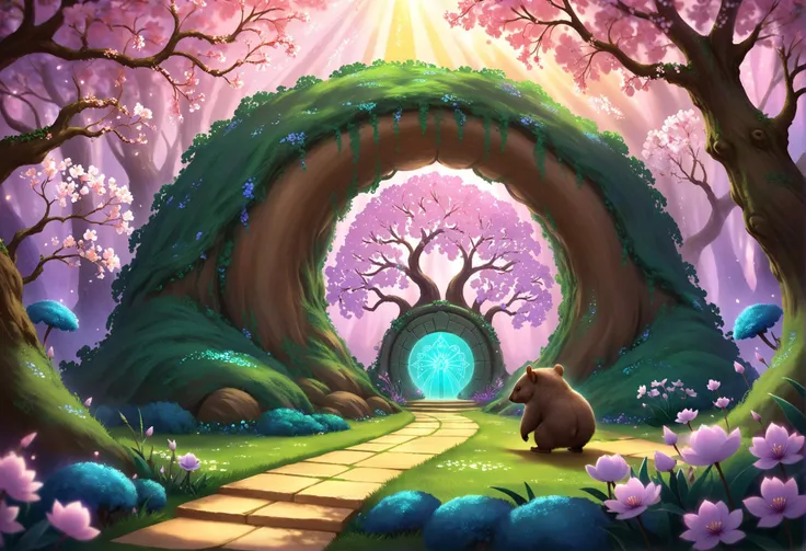digital storybook illustration, textured brushwork, ancient, magical, wombat, Amidst a realm of ethereal allure, a hidden garden of wonders emerges, its enchanting blossoms a gateway to enchantment, Casting shadows  c0l0r, sharp focus, low detail, blurry foreground, 8k resolution, <lora:Style_soph-IllustriousStorybook-SDXL:0.8>