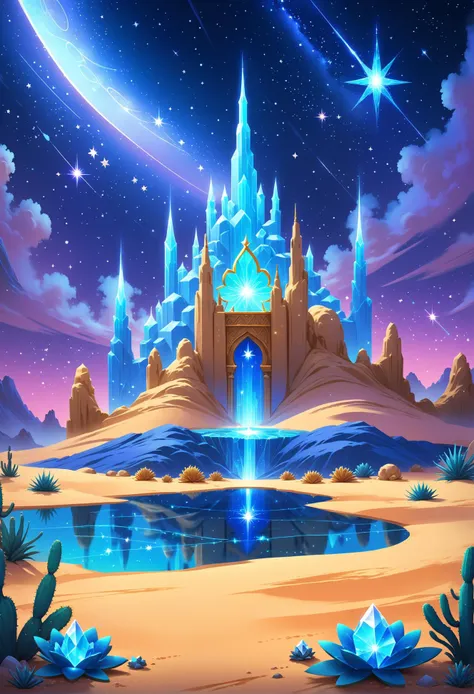digital storybook illustration, textured brushwork, A desert oasis with a floating crystal palace, mirage-like, under a star-filled night sky, cool tones with twinkling stars providing soft illumination c0l0r, sharp focus, low detail, blurry foreground, 8k resolution, <lora:Style_soph-IllustriousStorybook-SDXL:0.8>