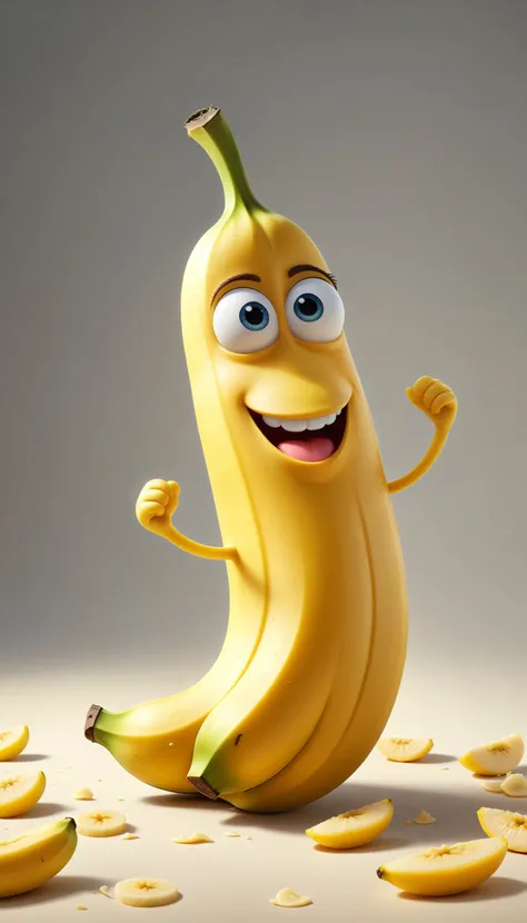 a happy cartoon banana fruit, Pixar Style, perfect composition, 8k artistic photography, photorealistic concept art, masterpiece