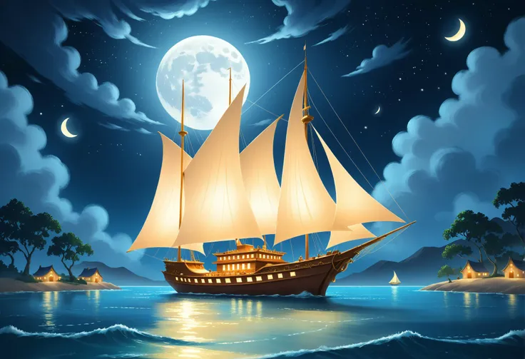 digital storybook illustration, textured brushwork, A floating opera house with open sails, elegant, under the spotlight of a full moon casting a soft, silver glow c0l0r, sharp focus, low detail, blurry foreground, 8k resolution, <lora:Style_soph-IllustriousStorybook-SDXL:0.8>