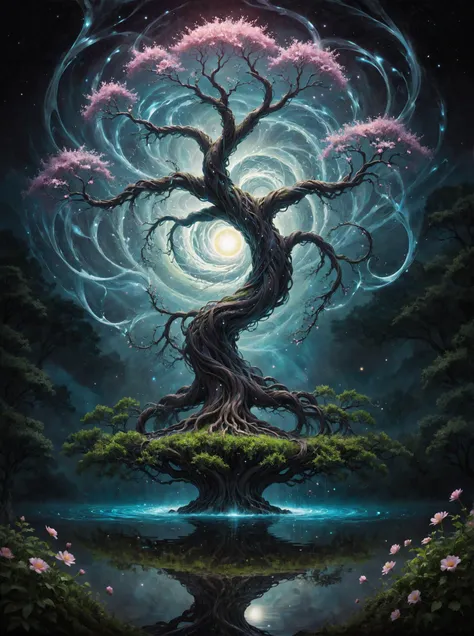 The image portrays a mesmerizing scene with a central tree that is in full bloom, surrounded by flowing, ethereal tendrils and petals. These tendrils swirl around, creating a dynamic and almost whimsical atmosphere. The background is a deep black, contrasting beautifully with the luminescent colors of the tree and its surroundings. There are two radiant stars shining brightly in the dark sky, and the entire composition is set against a backdrop of what appears to be a serene body of water, reflecting some of the tree's light.
The art style of the image is a blend of fantasy and digital painting. It showcases vibrant colors, fluid motion, and intricate details. The artist uses a combination of soft and sharp edges, creating a dreamy yet detailed visual experience. The swirling tendrils and petals give a sense of movement, while the central tree stands strong, anchoring the scene.
The image exudes a sense of wonder and ethereality. The dark background juxtaposed with the luminous tendrils and petals creates a contrast between darkness and light, representing the balance of night and day or perhaps the duality within nature. The swirling motion and flow of the tendrils suggest a sense of movement and change, possibly symbolizing growth, transformation, or the passage of time. The central tree, standing strong, can be seen as a symbol of resilience and endurance.