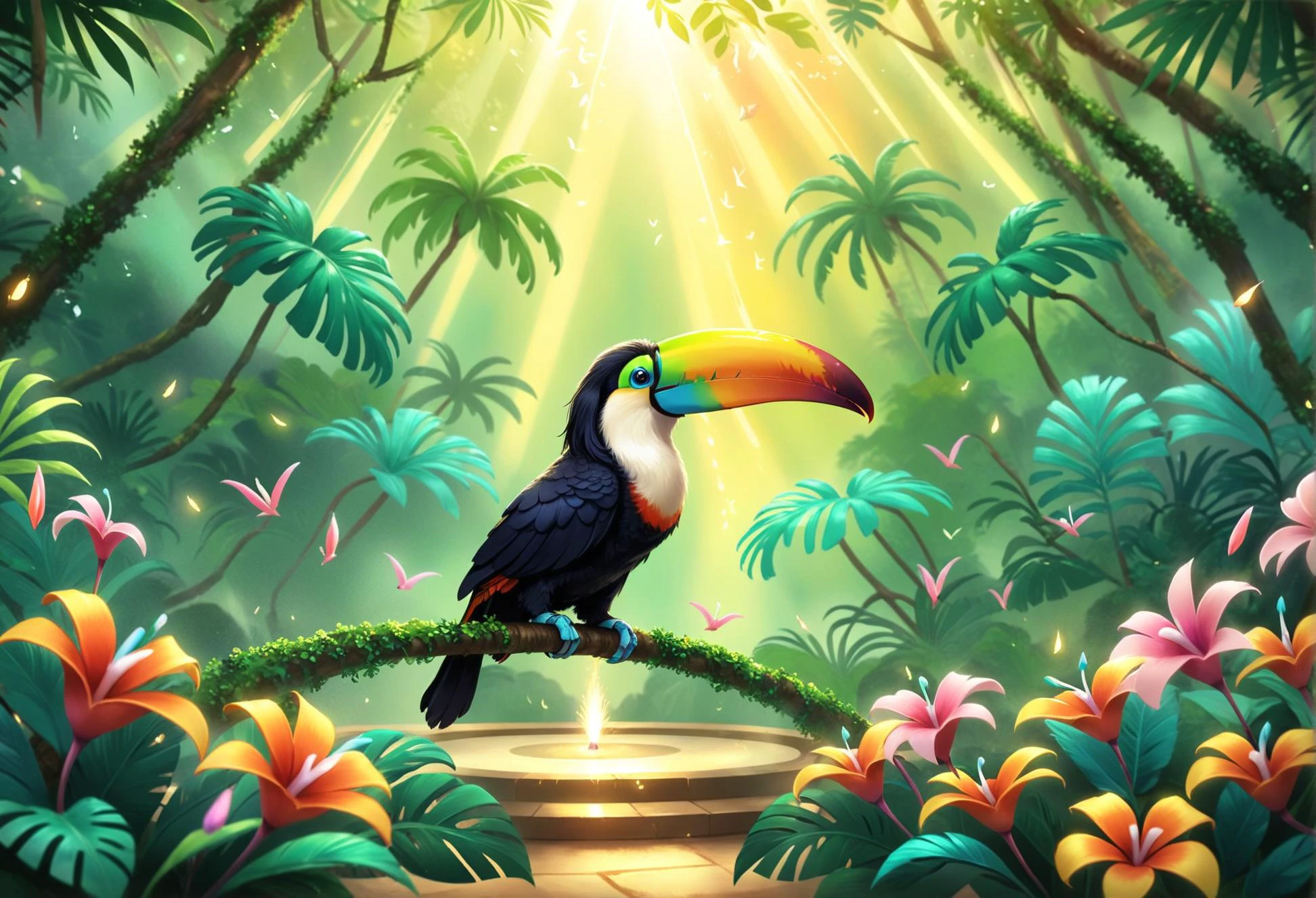 digital storybook illustration, textured brushwork, ancient, phantasmal, toucan, In a secluded sanctuary, a symphony of fragrances fills the air, as enchanting blooms perfume the surroundings, Dancing and shimmering c0l0r, sharp focus, low detail, blurry foreground, 8k resolution, <lora:Style_soph-IllustriousStorybook-SDXL:0.8>