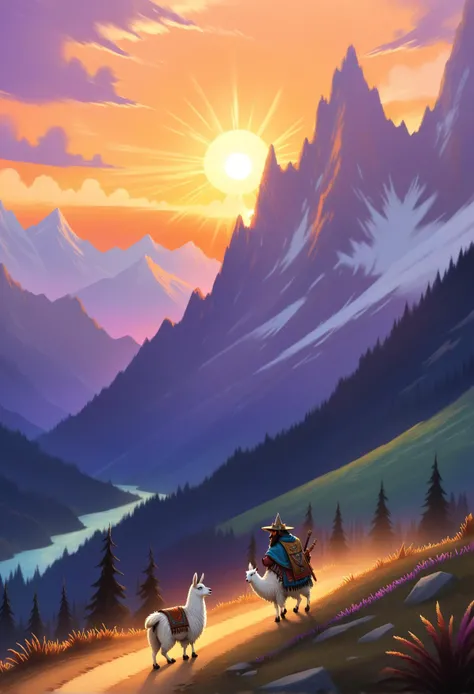 digital storybook illustration, textured brushwork, fantasy character, llama herder, mountain trails, twilight caravan, sunset journey, evening trek
c0l0r, <lora:Style_soph-IllustriousStorybook-SDXL:0.8> sharp focus, low detail, blurry foreground, 8k resolution,