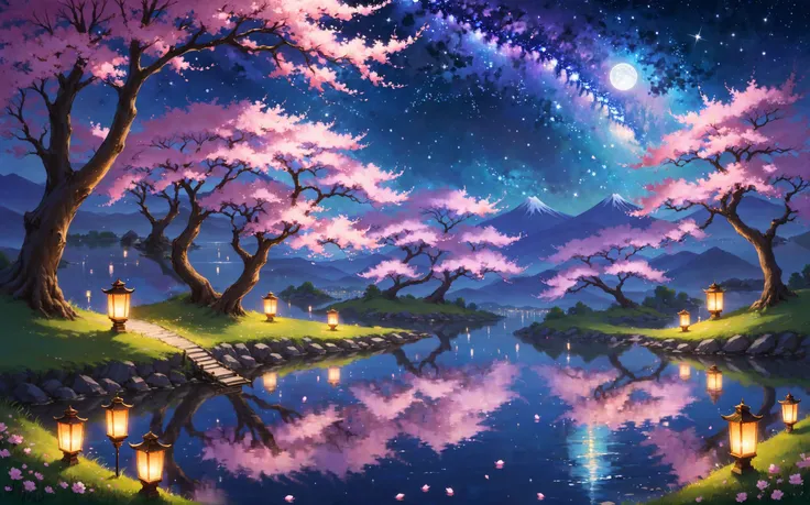 The image showcases a serene night landscape dominated by a tranquil body of meandering body of water reflecting the sky above. Cherry blossom trees, in full bloom, frame the scene on both sides, their branches heavy with pink petals that gently fall, creating a carpet of petals on the grassy ground. The sky is painted in shades of deep blue and purple, dotted with twinkling stars. The Milky Way is prominently visible, adding to the celestial beauty of the scene. On the water's edge, there are illuminated lanterns, adding a touch of warmth and human presence to the otherwise natural setting.
The image features a calm body of water in the foreground, reflecting the cherry blossom trees and the starry sky. On the water's edge, there are three illuminated lanterns, casting a soft glow. The trees on both sides of the water are in full bloom, with their branches heavy with pink petals that have fallen, creating a carpet on the grassy ground. The sky is painted in deep blue and purple, dotted with twinkling stars, and the Milky Way is prominently visible.
The image exhibits a tranquil and dreamy ambiance. The cherry blossom trees in full bloom, combined with the serene waterscape and the starry night sky, evoke feelings of peace and wonder. The artistic style seems to be inspired by traditional Japanese landscapes, with a touch of modern fantasy brought in by the Milky Way and the illuminated lanterns.
The image evokes a sense of tranquility and wonder. The cherry blossom trees in full bloom, with their pink petals falling gently, symbolize the transient beauty of life. The serene waterscape and the starry night sky add to the dreamy and ethereal atmosphere, inviting viewers to reflect on the fleeting nature of time and the beauty of the moment.