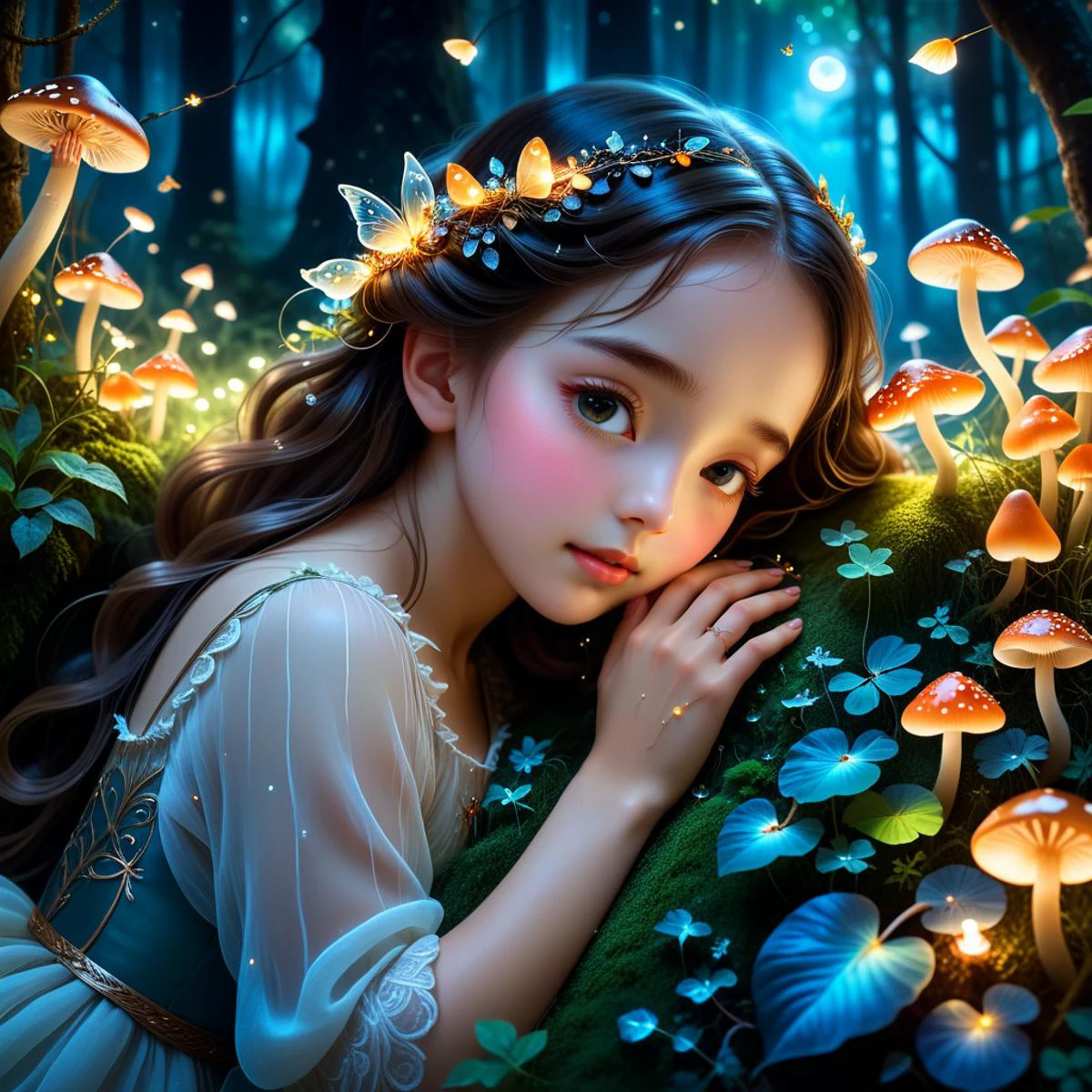 A  girl sleeping in the embrace of the Forest Goddess,magical forest,dreamlike colors,nighttime,glowing mushrooms,sparkling fireflies,soft moonlight,delicate details,fantasy art,detailed textures,lush greenery,magical atmosphere,serene and peaceful,beautiful and ethereal,girl occupies 1/5 of the image,girl in the lower middle of the image,tall trees,dense foliage,overcast sky,shadowy forest,dramatic perspective,grand scale,sense of awe,forest as the main focus,anime style,big eyes,cute facial features,soft hair,flowing dress,sweet and innocent expression,vibrant colors,whimsical and charming,childlike wonder,beautiful and enchanting,detailed hands,graceful fingers,elegant fingertips,natural hand poses,realistic hand anatomy,soft skin,delicate veins,perfect nails,five fingers,five digits,correct hand structure,no extra fingers,well-defined fingers,