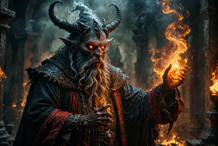 old wizard summoning a demon, partially transparent devil materializing, fierce fiery flaming glowing eyes
smokey, mysterious, mystical
detailed background, evil fortress
