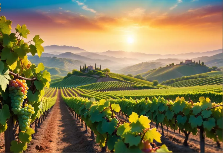 Lush vineyard at (sunrise:1.2), rows of grapevines, soft mist, picturesque hills in the background, vibrant colors, highly detailed blurry foreground, 8k resolution, <lora:Tweak_FaeTasticDetailer-SDXL:0.4>