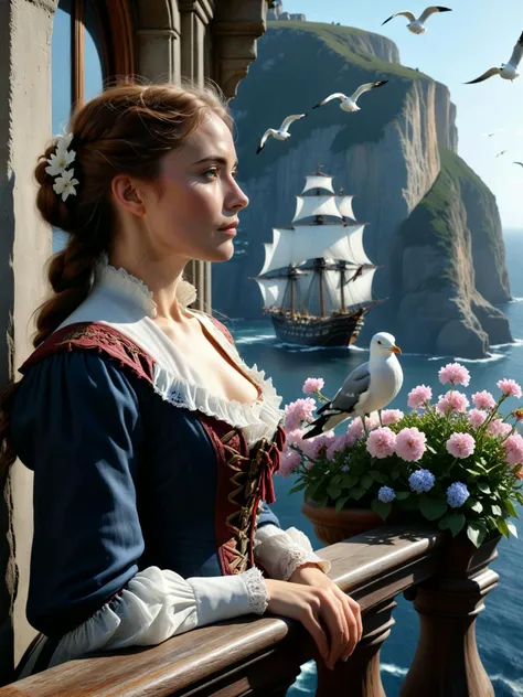 photorealistic, 8k, uhd,
victorian female observing galeons from a balcony on a cliff, seagulls, flowers, , volumetric lighting, depth of field, cinematic shot, vibrant, detailed, dramatic light