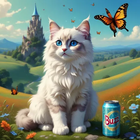 cute derpy ragdoll kitten, happy, soda can TEXT: DRINK BUZZ best quality, high quality, 8k, vibrant colors, fantastical, epic, unique ,beautiful field, butterflies Tower Solitude, Reflective, serene, heroine, lofty, by Edmund Dulac