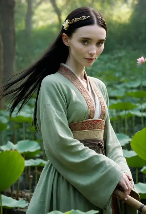 nsfw porn,  a porn image of girl rooney mara  as Lotus Blossom - With long black hair adorned with jade pins and fair skin bearing the marks of a life spent in tranquil gardens, this lotus blossom is both graceful and mysterious in equal measure. Her dark brown eyes seem to hold an otherworldly glow while her lips are curved into a smile that promises peace for those who follow her lead through the serene landscape of their minds. A petite frame wears form-fitting clothing made from materials woven by ancient hands, showcasing small but shapely breasts beneath layers of fabric crafted to withstand the test of time and bring balance to all who encounter it. , she wear Chi-Channeler's Outfit: Qigong robe, internal energy flow, focused concentration, chi master.  , she hold  Fiery Battle Axe: An enchanted battle axe that bursts into flames upon swinging, dealing extra fire damage.,  she has petite body, slender, skinny ,  small breasts,  extremely detialed, unique, best quality, strong depth of field, realistic, detailed skin,  detailed bakcground,   zPDXL2 ,  OverallDetailXL ancient, medieval vibe, dark climate <lora:DetailMaximizer:1>, dramatic, medieval waepon